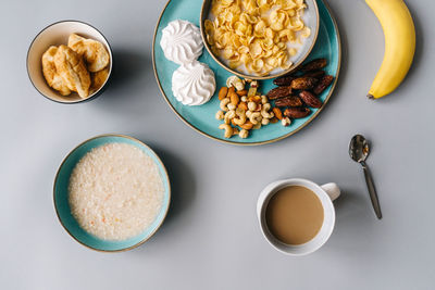 High angle view of breakfast served on table