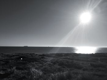 Scenic view of sea against clear sky on sunny day