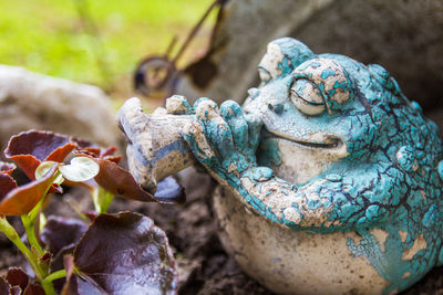 Close-up of old frog sculpture in yard