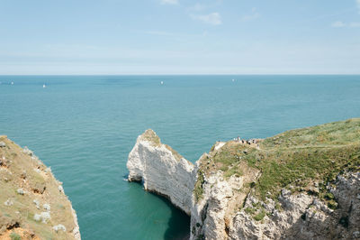 High angle view of cliff and sea at etretat