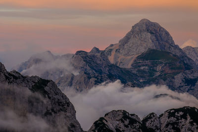 Scenic view of snowcapped mountains against sky during sunset