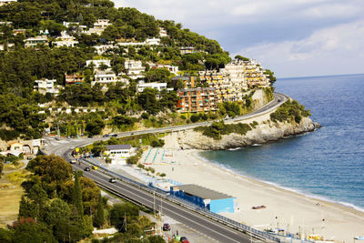 High angle view of city at seaside