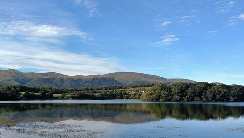 Scenic view of lake and mountains against blue sky