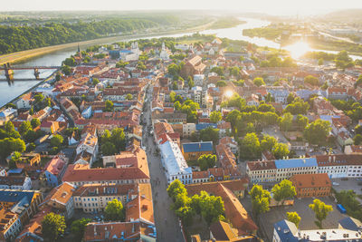 High angle view of illuminated buildings in city