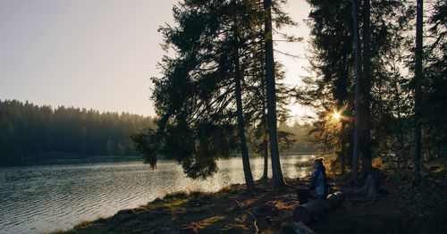 Side view of woman sitting by lake in forest against sky during sunset