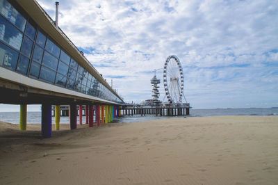 Scenic view of pier and ferris wheel against sky