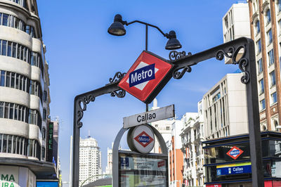 Low angle view of road sign against sky