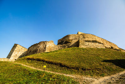 Low angle view of old ruins against clear blue sky