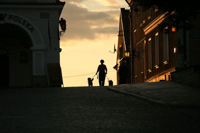 Silhouette people walking in city against sky during sunset