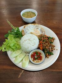 High angle view of meal served on table