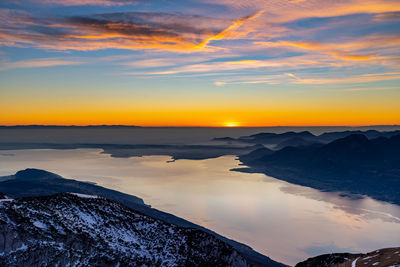 Scenic view of snowcapped mountains against sky during sunset