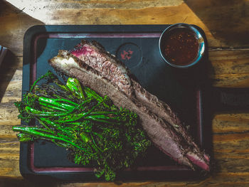 High angle view of food served in plate on table