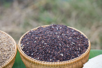 Close-up of seeds in wicker basket