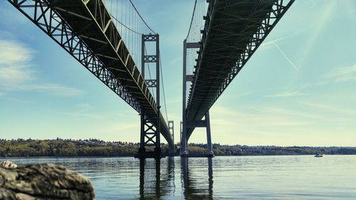 Low angle view of tacoma narrows bridge against sky