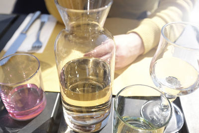 High angle view of wine glasses on table