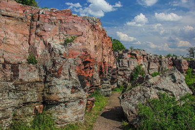 Scenic view of rocky mountains against cloudy sky