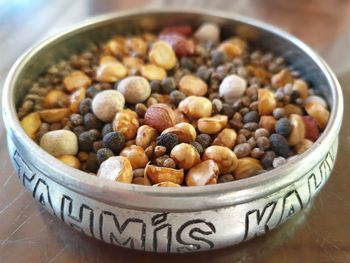 High angle view of eggs in bowl on table