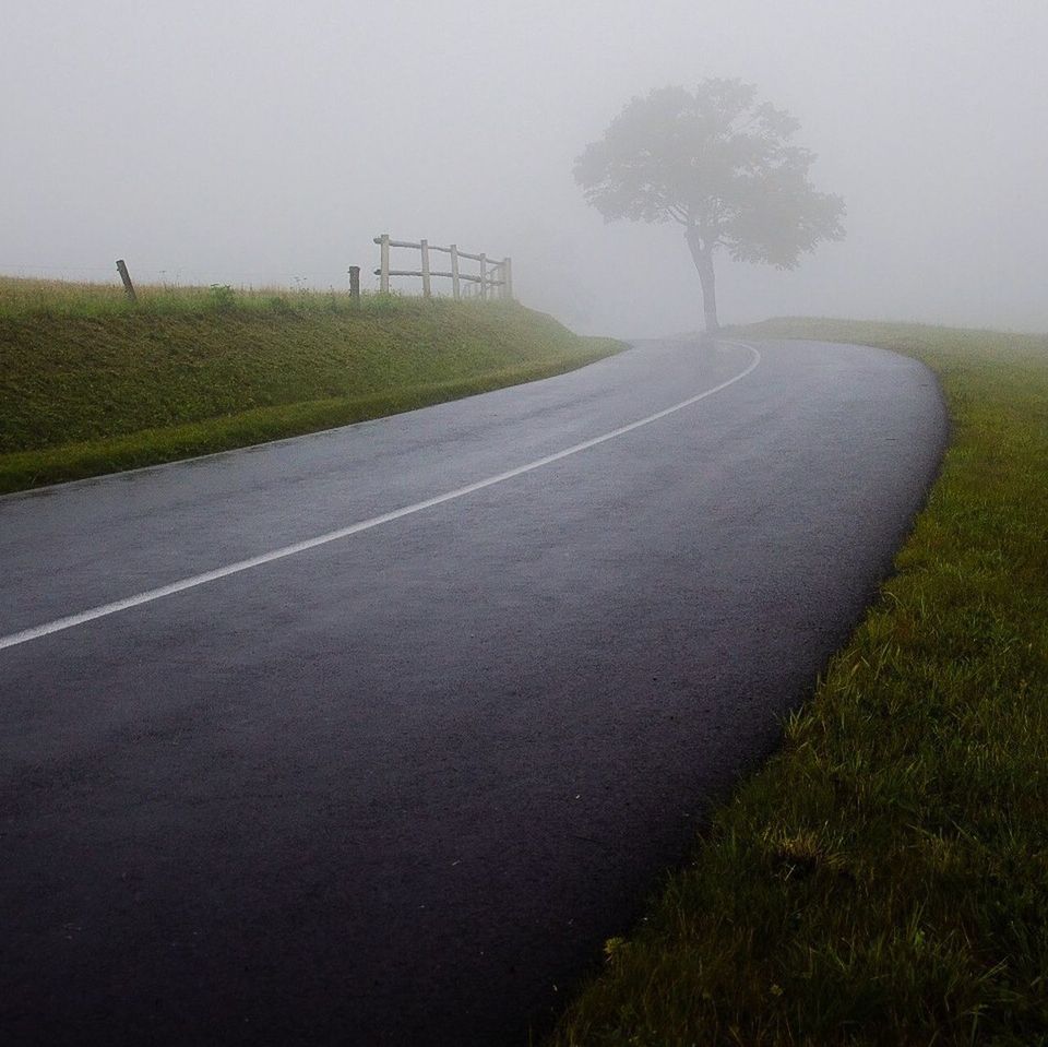 grass, field, transportation, road, tranquility, landscape, nature, tranquil scene, sky, tree, grassy, green color, day, outdoors, weather, growth, beauty in nature, no people, scenics, non-urban scene