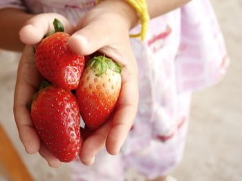 Close-up of hand holding strawberries
