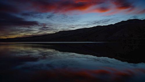 Scenic view of lake against dramatic sky