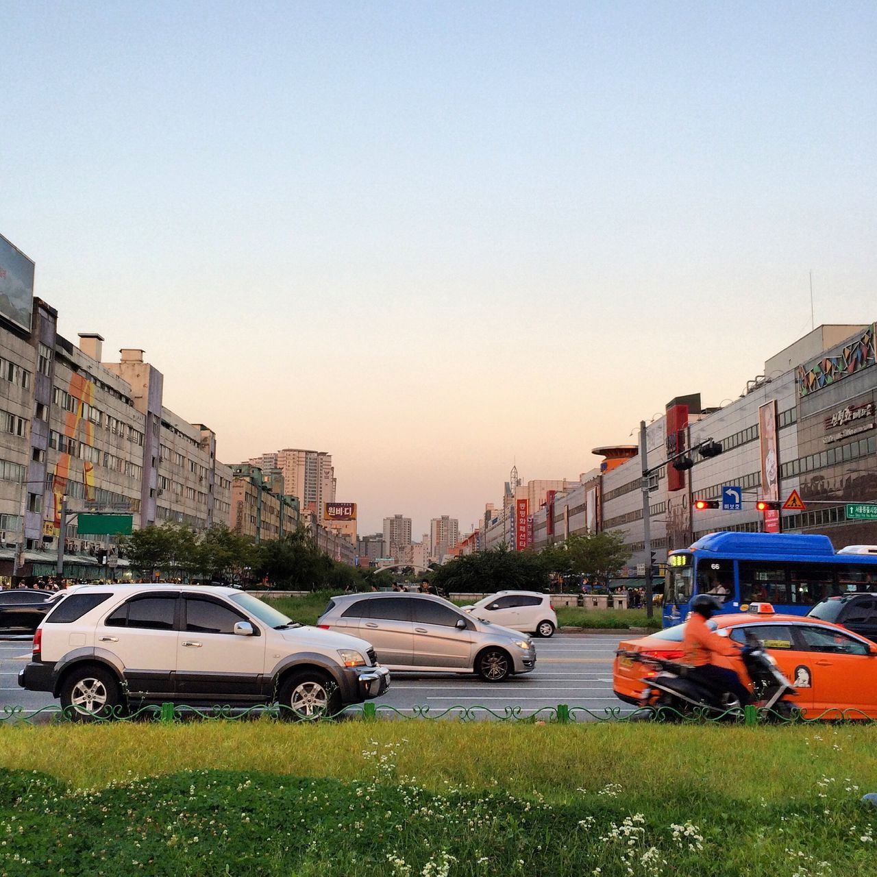 building exterior, architecture, clear sky, transportation, built structure, car, land vehicle, mode of transport, copy space, city, street, parking, stationary, grass, residential structure, road, parked, residential building, city life, outdoors