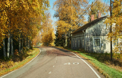 Road amidst trees and buildings during autumn