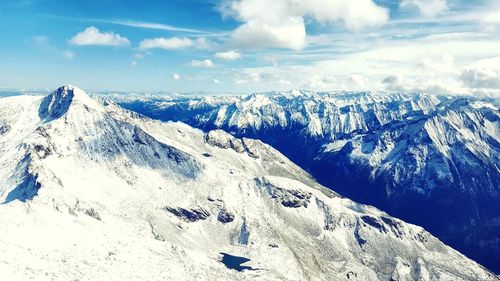 Panoramic view of snowcapped mountains against sky