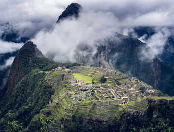 High angle view of ruins of mountain against sky