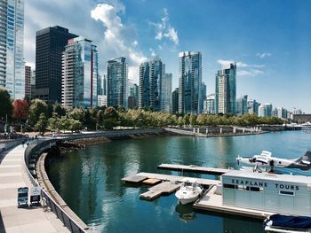 Panoramic view of bay and buildings against sky