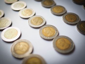Close-up of coins arranged on table