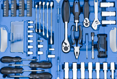 Set of metal tools for construction and repair close-up top view. wrenches and other car service 