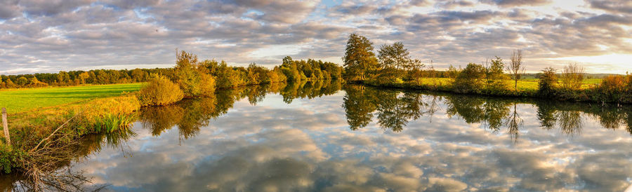 Tranquil view of lake against cloudy sky