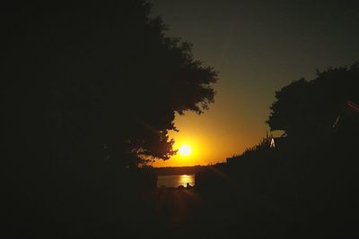 Silhouette trees by sea against sky during sunset