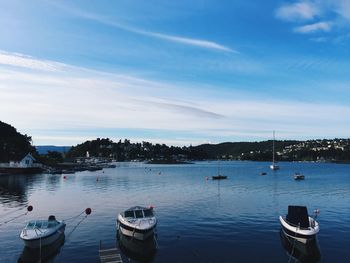 Boats moored in lake against sky