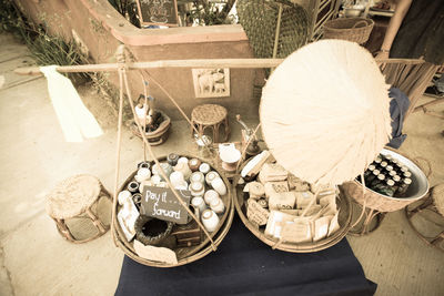 High angle view of decorations hanging on table