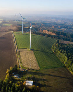 Aerial shot of wind turbines in france