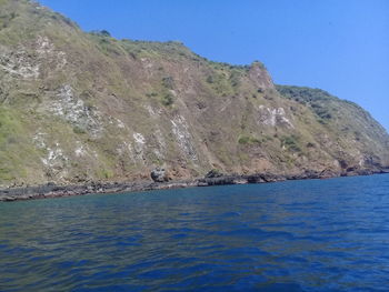 Scenic view of sea against clear blue sky