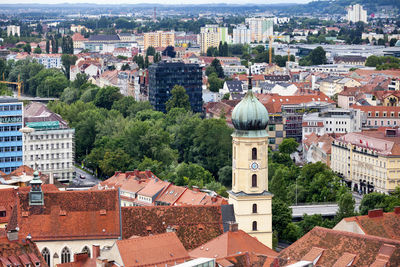 Graz, austria - may 28 2019. aerial view of the franciscan church in the city center.