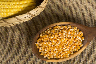 High angle view of rice in basket on table