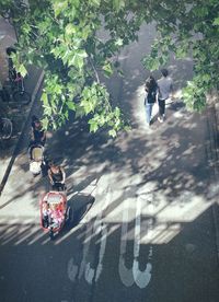 High angle view of people on road in city