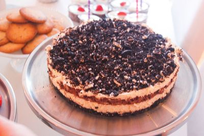 High angle view of cake in plate on table