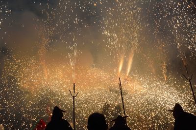 Silhouette people watching firework display at night