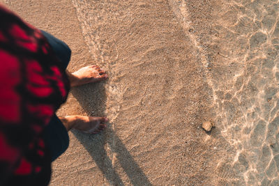 Directly above view of man standing at sea shore