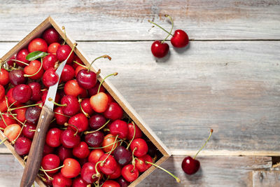 High angle view of strawberries on table