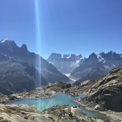 Scenic view of mountains against clear blue sky