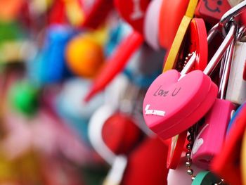 Close-up of multi colored padlocks