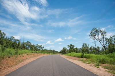 Road amidst trees on field against sky