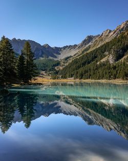 Scenic view of lake and mountains against blue sky