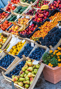 High angle view of fruits displayed at market stall