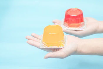 Cropped image of hands holding gelatin dessert against clear sky